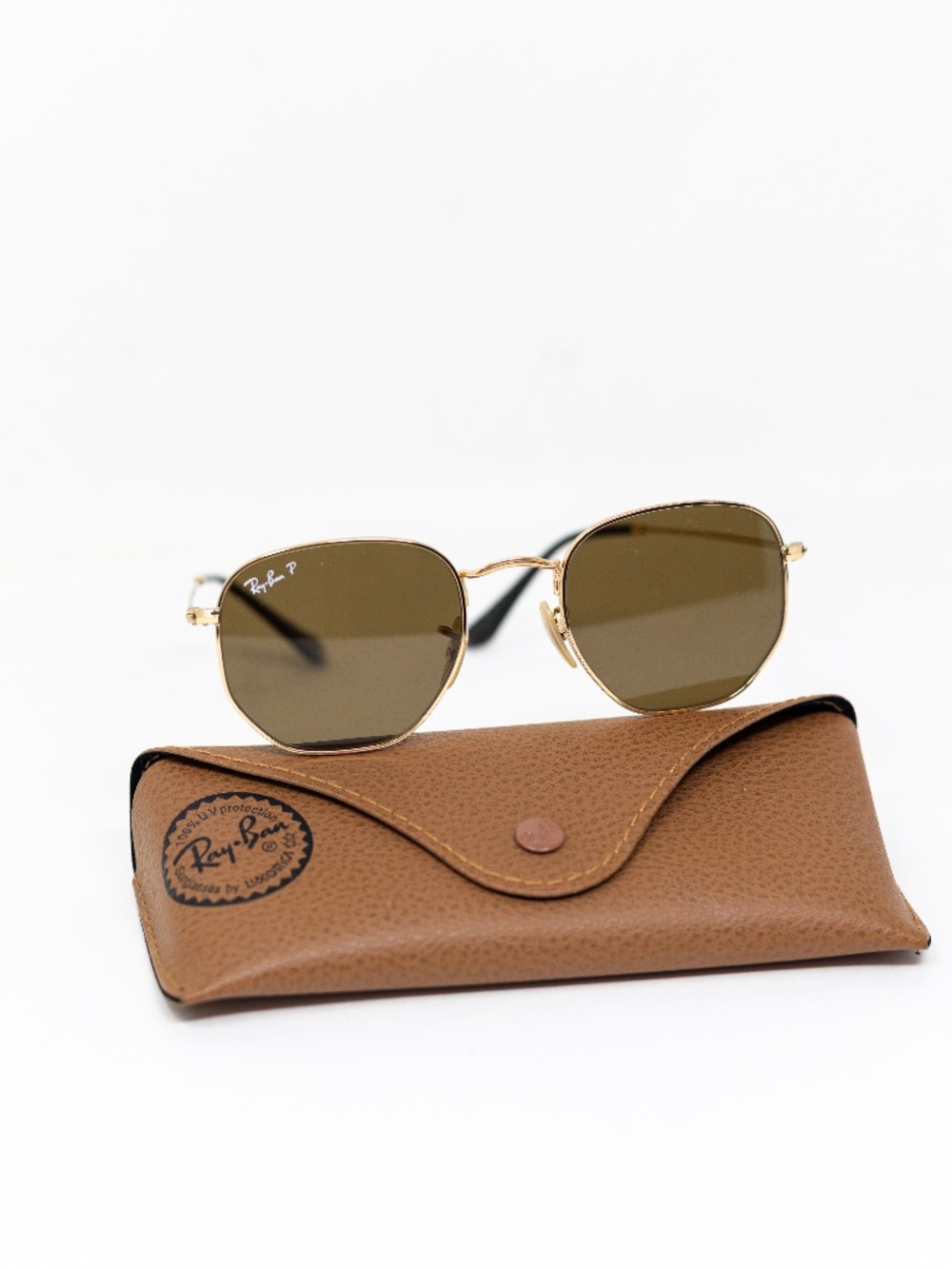 Ray-Ban RB3548 Hexagonal Gold Metal Frame Green Lenses Polarized Sunglasses